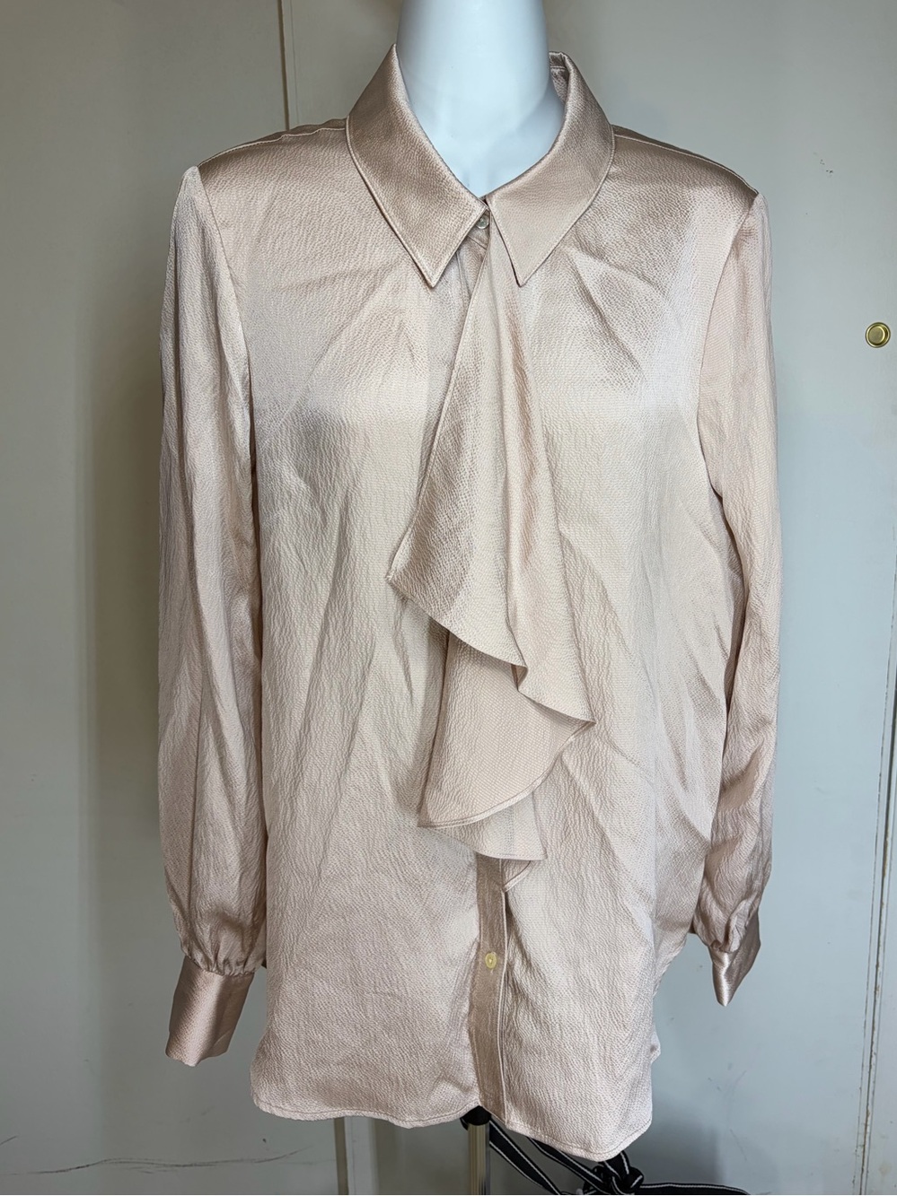 Est. Small Haute Hippie Champagne Nude Cascade ruffle front silky crinkle fabric
